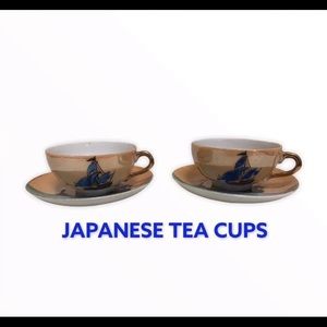 JAPAN TEACUP TEA CUP SAUCER PORCELAIN SET BOATS MOTHER OF PEARL PAINTED VINTAGE